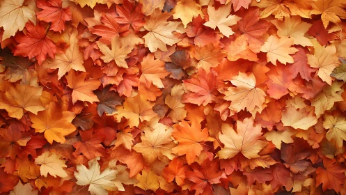 Dense surface of overlapping orange and yellow maple leaves.