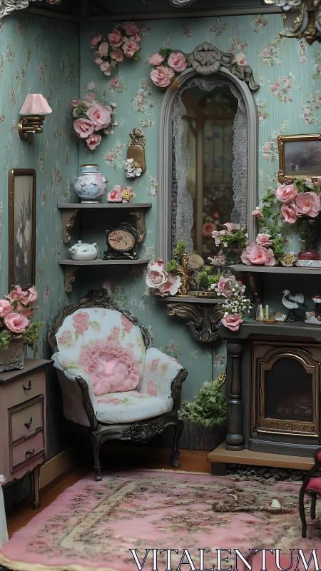 Victorian-style miniature parlor shows floral d&eacute;cor and fireplace