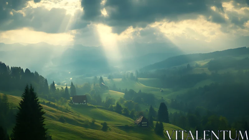 Sunbeams penetrate storm cloud cover over layered rural valley