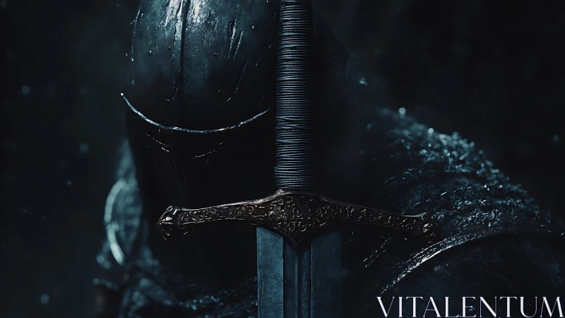 Armored knight holds vertical longsword in dim blue light