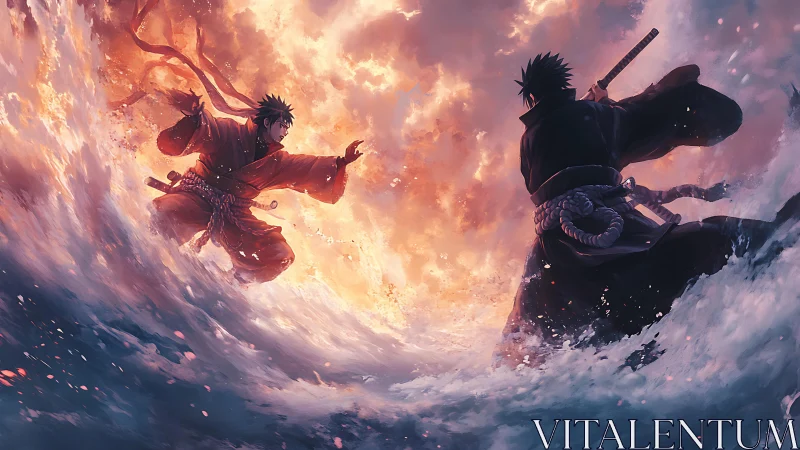 Dynamic sword duel amid turbulent ocean spray and blazing sky