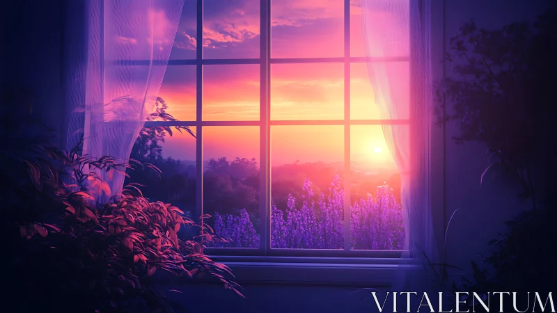 Vibrant sunset window view over lavender garden interior.