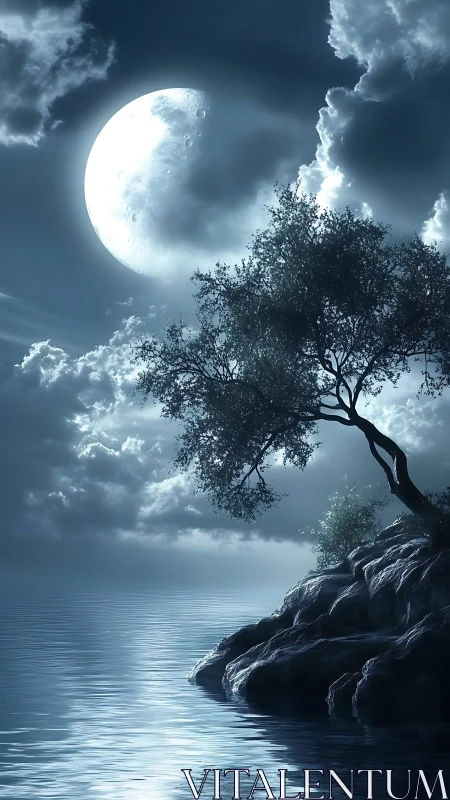 Full moon over rocky shoreline with solitary leaning tree.