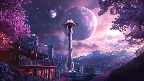 Futuristic Seattle skyline contrasts cherry blossoms and twin moons