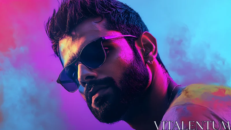 Bearded man in sunglasses under neon pink and blue light.
