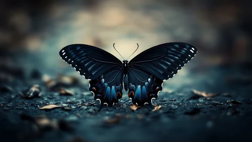 Macro study of a blue-black butterfly in shallow depth of field.