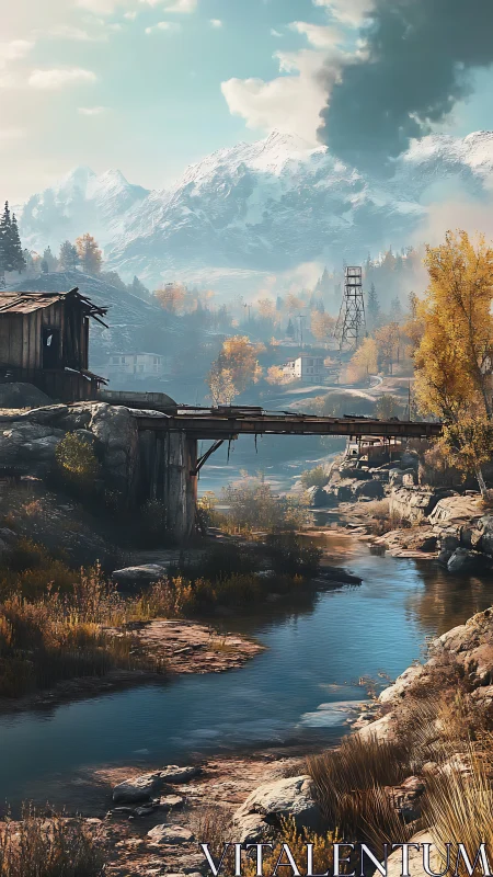 Forgotten river bridge under watchful winter mountains.