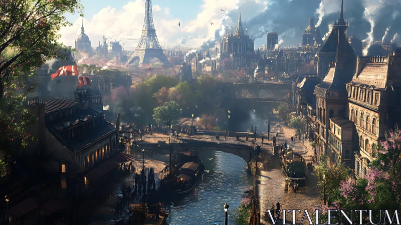 Digital painting of steampunk Parisian canal under spring light.