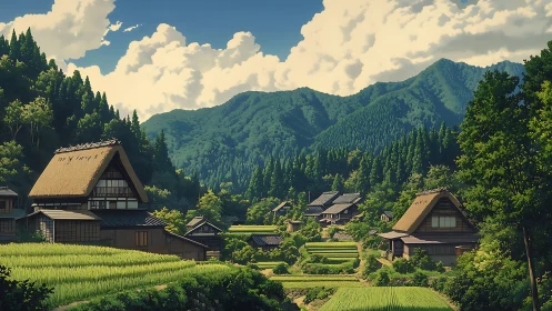 Mountain village rice terraces under bright summer sky.
