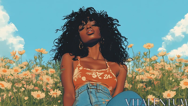 Sunlit daydreamer drifting in a wildflower reverie field.