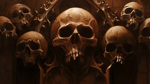 Gothic skull wall emerges from shadowed cathedral archway.