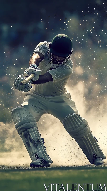 Blazing cricket swing frozen in a storm of flying dust.