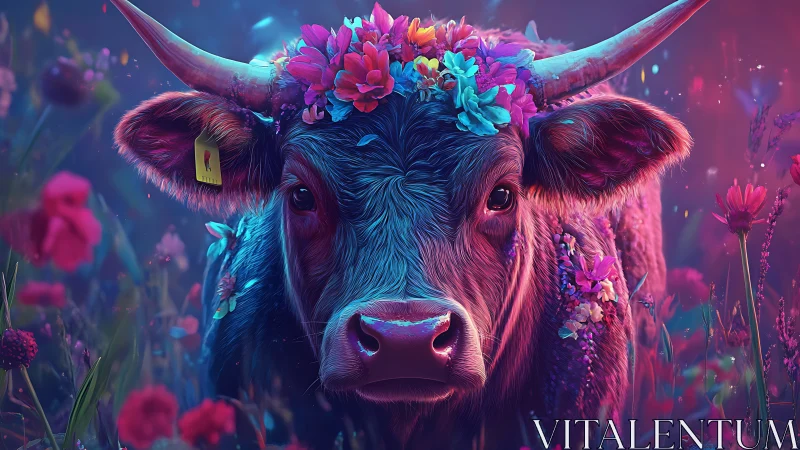 Flower-crowned cow in neon twilight meadow wonderland.