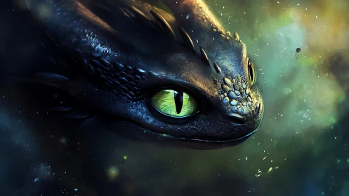 Gleaming dragon close-up amid glowing cosmic mist.