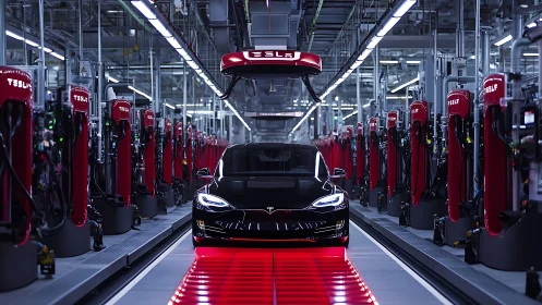 Electric sedan on automated assembly line with red robotics