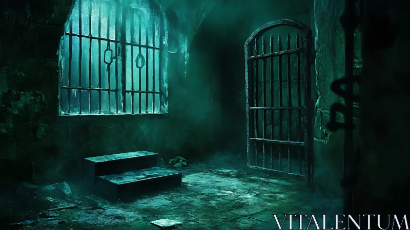 Moody dungeon corridor with open iron gate and foggy light.