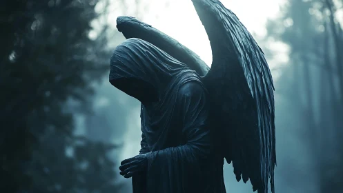 Hooded dark angel sculpture stands in misted forest clearing
