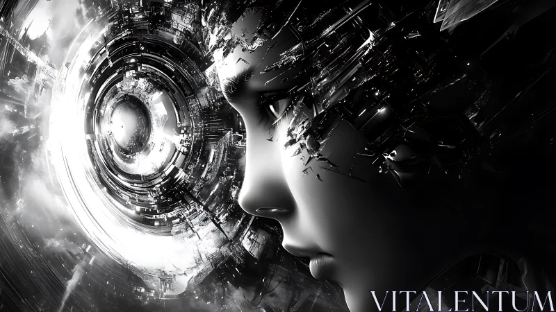 Quiet cybernetic dreamer listening to a swirling data storm.