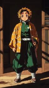 Young anime swordsman stands ready in warm wooden light