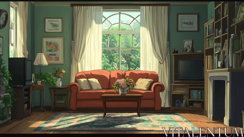 Sunlit domestic lounge rendered in high-fidelity anime detail.