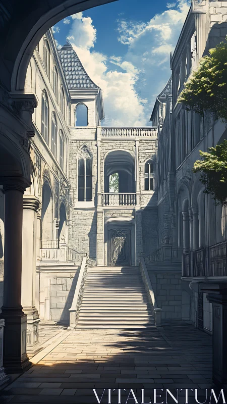 Sunlit stone stairway between quiet, story-heavy academy halls.