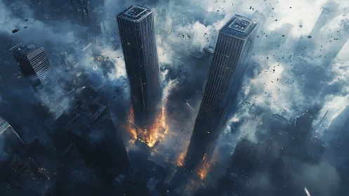 Twin skyscrapers collapse amid fiery urban devastation.