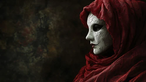 Masked figure in red hood gazes into dark textured void