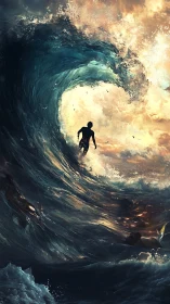 Silhouette Surfer Rides Monumental Wave Beneath Fiery Sky.