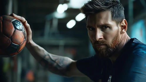 Focused football player poses with ball in moody arena light