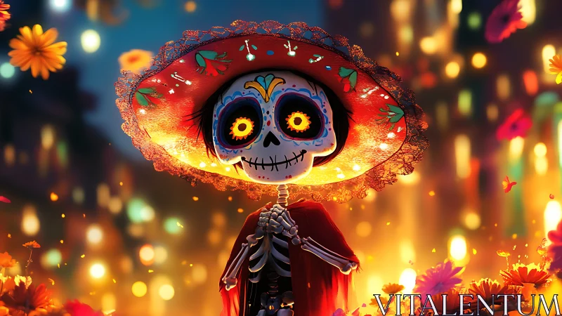 Vibrant calavera skeleton in red sombrero amid marigold bokeh