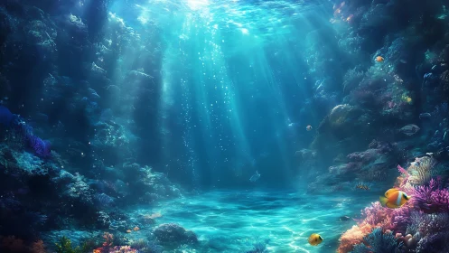 Submerged coral reef basin with filtered overhead sunlight.