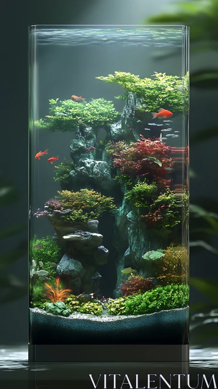 Tower aquascape forms lush underwater bonsai canyon scene.