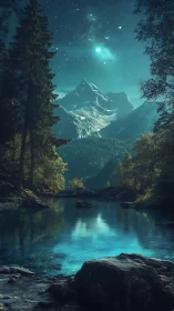 Moonlit alpine lake mirrors icy peaks under teal sky.