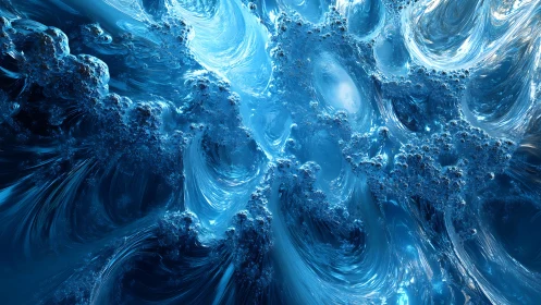 Liquid blue currents swirl in a luminous abstract seascape