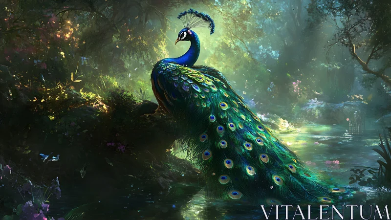 Regal peacock rests beside luminous forest water garden