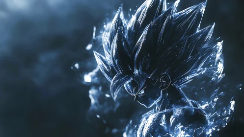 Electric blue warrior emerges from swirling cosmic energy.