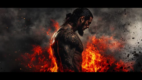 Fiery strength and quiet focus in a storm of embers.