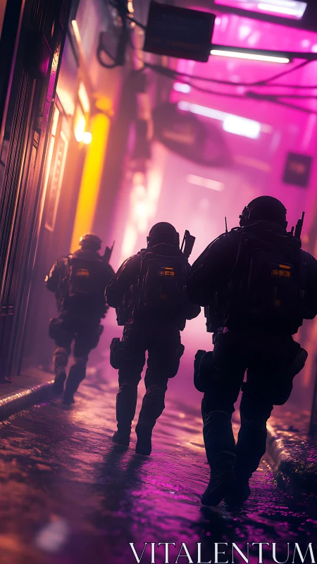 Armed operatives advance through neon soaked cyberpunk alleyway