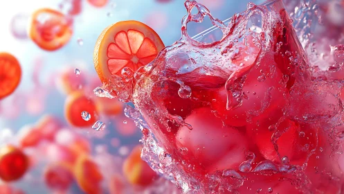 Ruby citrus splash erupting around a glass of summer joy.