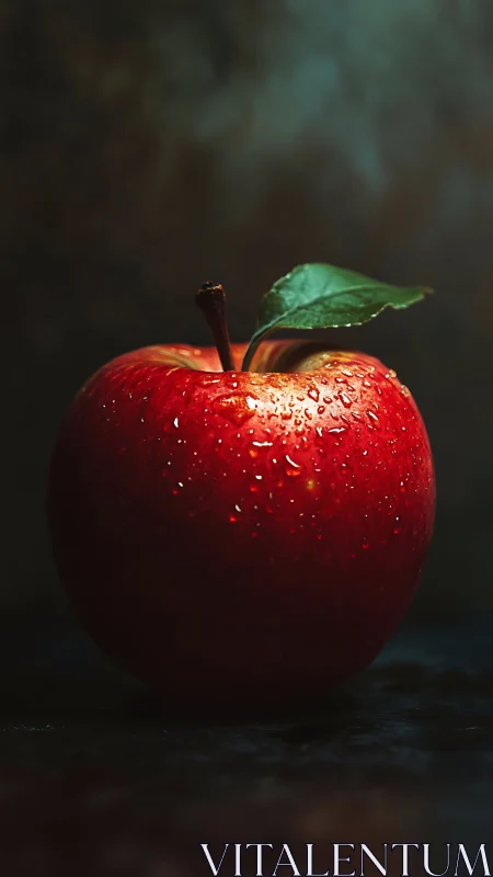 Red apple with water droplets on dark studio background.