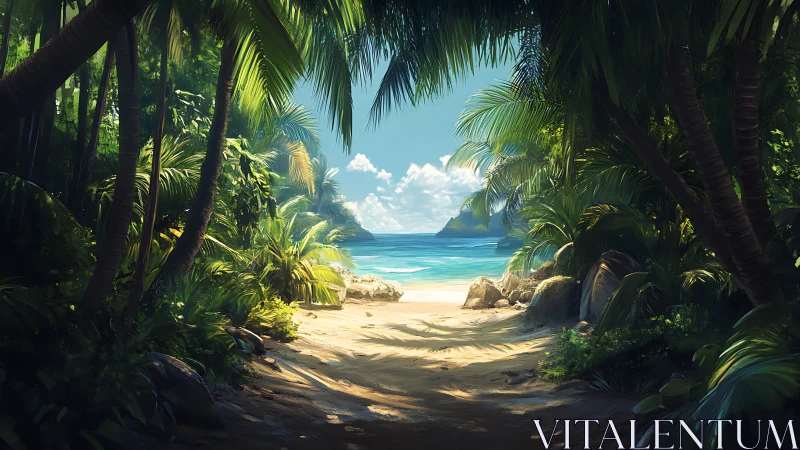 Hidden Tropical Beach Revealed Through Palm-Lined Tunnel.