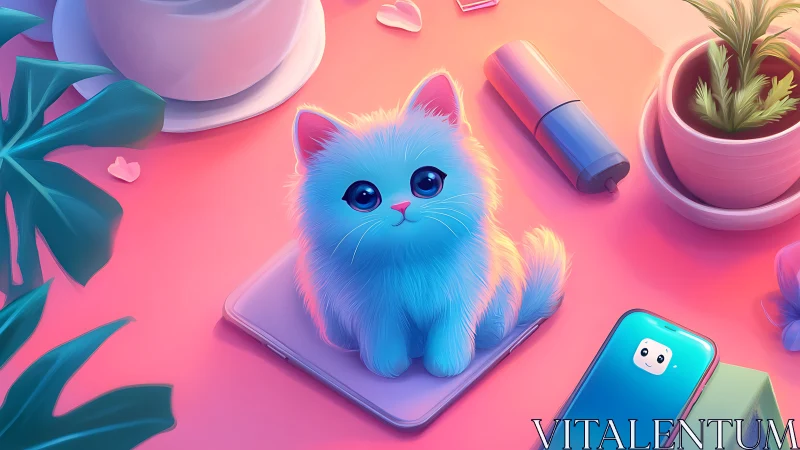 Pastel Blue Kitten on Mobile Device Workspace.
