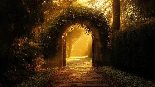 Sunlit stone garden arch opens toward glowing forest path