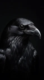 Regal raven portrait emerges from dramatic black shadows.