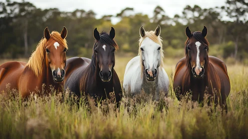 Four standing horses in tall golden meadow grass.