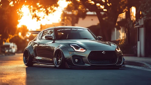 Sunset-slammed hatchback prowls a glowing suburban boulevard.