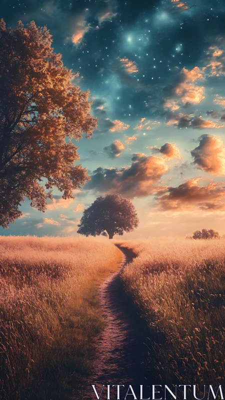 Starlit meadow path cuts through glowing dusk grasses.