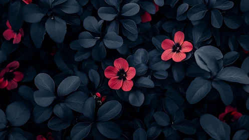 Red Flowers Among Dark Blue-Black Foliage.
