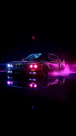Neon‑lit retro coupe rendered with reflective surface and volumetric fog