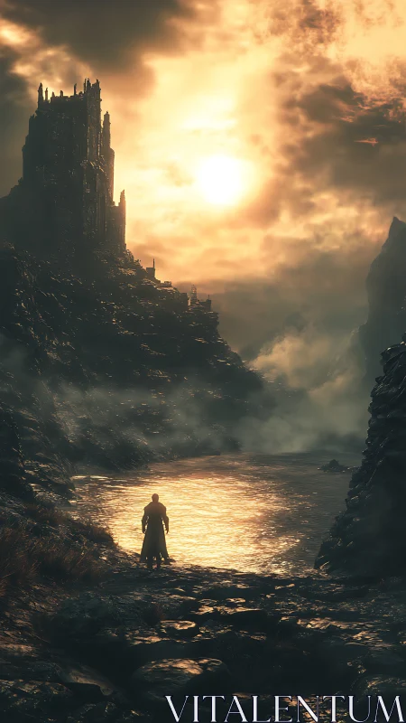 Lone figure by molten river below dark cliff fortress.